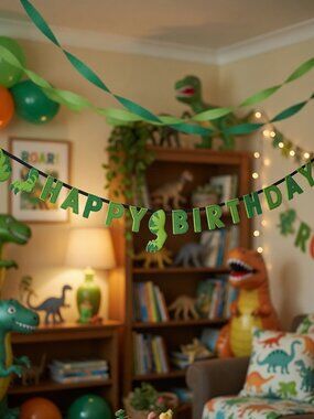 T-Rex Dinosaur Happy Birthday Banner Green Dino Party Decorations 8ft Long